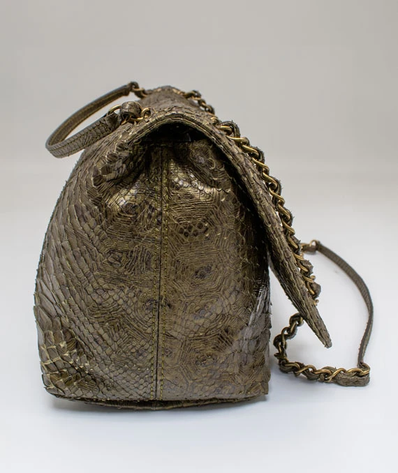 Chanel Paris-Byzance Green Python Leather Flap Bag with Silver Tone Hardware