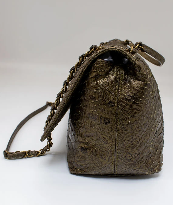 Chanel Paris-Byzance Green Python Leather Flap Bag with Silver Tone Hardware