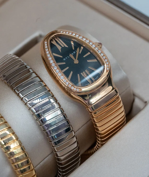Bvlgari Serpenti Tubogas Double Spiral 35mm Watch 18kt Rose, White and Yellow Gold with Diamond Encrusted Bezel