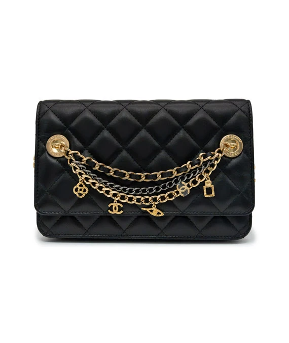 Chanel Black Lambskin Quilted Egyptian Amulet Wallet On Chain