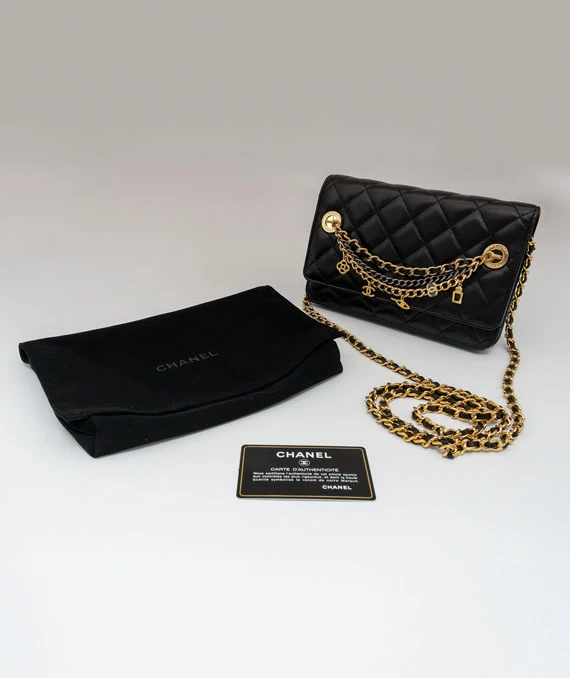 Chanel Black Lambskin Quilted Egyptian Amulet Wallet On Chain