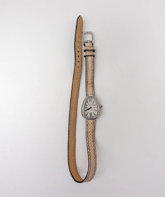 Bvlgari Serpenti White Dial in 18k White Gold with Diamond Bezel on Beige Double Wrap Leather Strap Watch