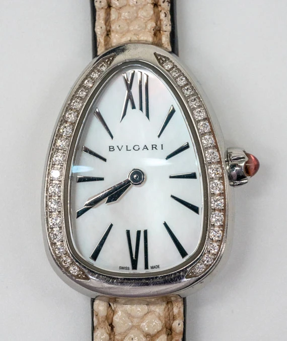 Bvlgari Serpenti White Dial in 18k White Gold with Diamond Bezel on Beige Double Wrap Leather Strap Watch