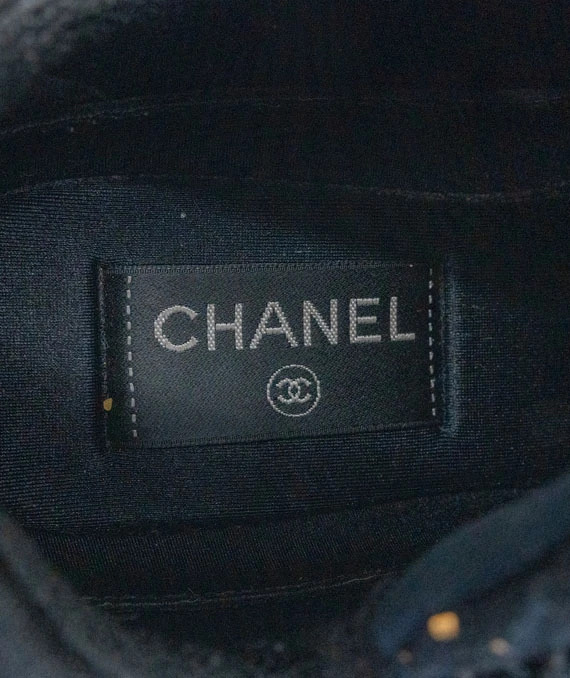 CHANEL Size 37.5 Satin Lambskin Fabric Tweed CC Sneakers in Gold and Black