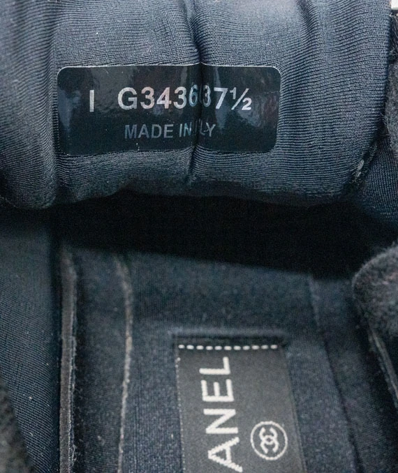 CHANEL Size 37.5 Satin Lambskin Fabric Tweed CC Sneakers in Gold and Black