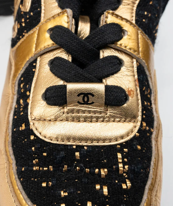 CHANEL Size 37.5 Satin Lambskin Fabric Tweed CC Sneakers in Gold and Black