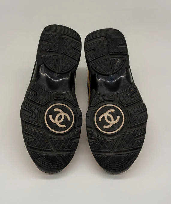 CHANEL Size 37.5 Satin Lambskin Fabric Tweed CC Sneakers in Gold and Black