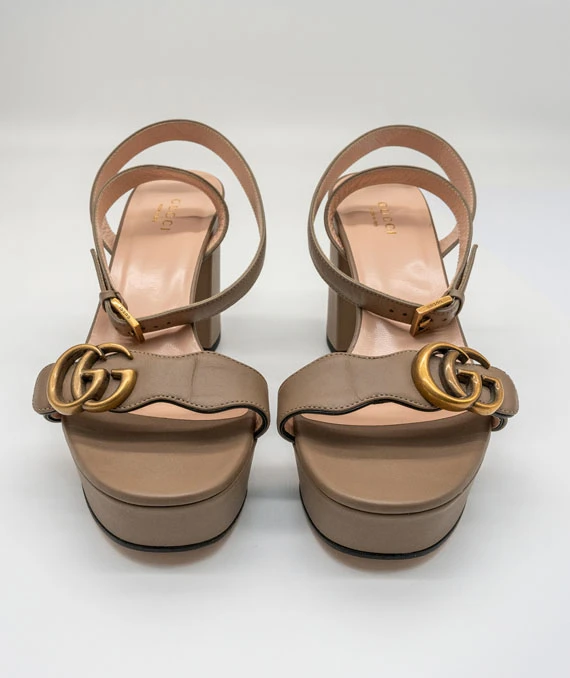 GUCCI Size 38 Calfskin GG Marmont Ankle Wrap Platform Sandals in Mud Color