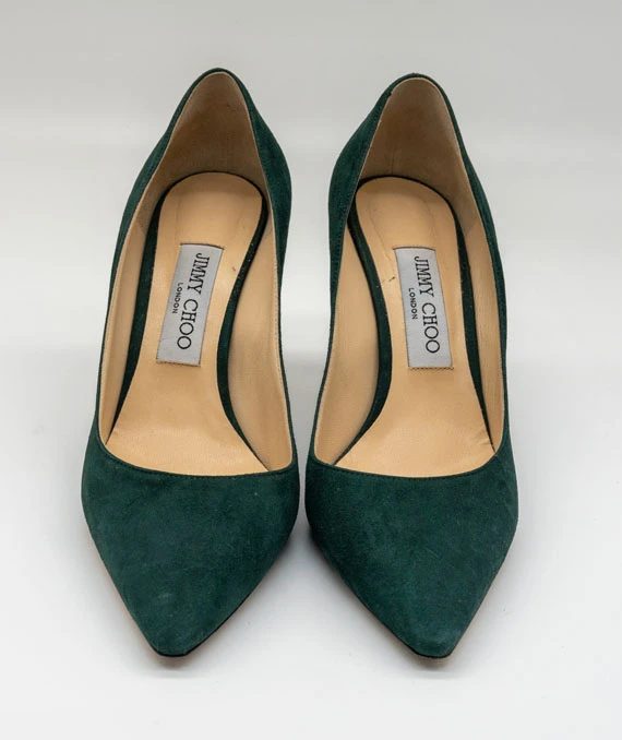 Jimmy Choo Size 37.5 Suede Evergreen ANOUK (suede forest green) heels
