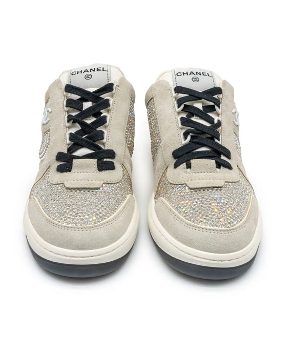 Chanel Size 41 23C Silver Grey Crystals CC Logo Suede Sneakers