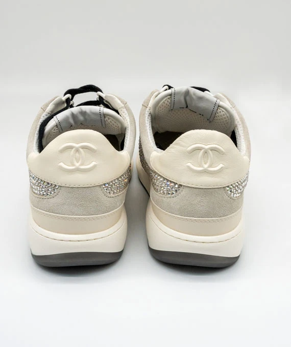 Chanel Size 41 23C Silver Grey Crystals CC Logo Suede Sneakers