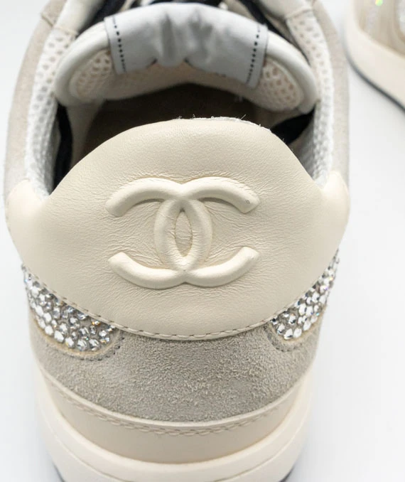 Chanel Size 41 23C Silver Grey Crystals CC Logo Suede Sneakers