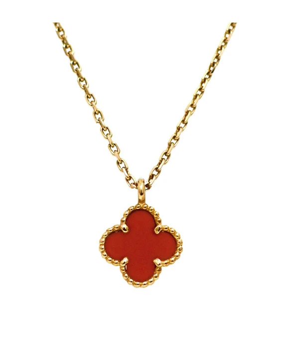 Van Cleef & Arpels Sweet Alhambra Mini Necklace with Orange Stone Pendant in 18k Yellow Gold