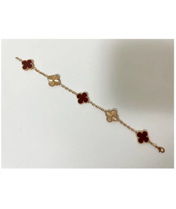 Van Cleef & Arpels Vintage Alhambra Carnelian Guilloche 5 Motifs 18k Rose Gold Bracelet