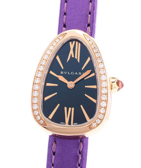 Bvlgari Serpenti Ladies Black Dial 18k Rose Gold Watch with Diamond Bezel