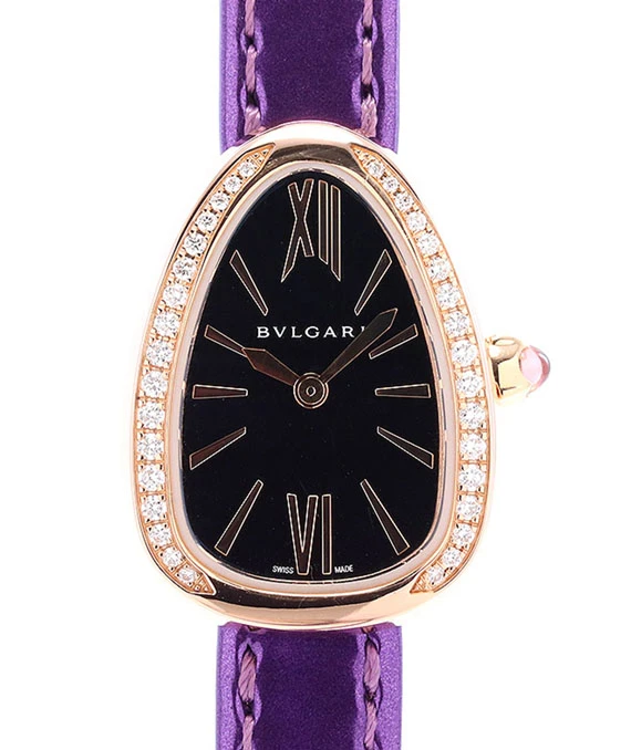 Bvlgari Serpenti Ladies Black Dial 18k Rose Gold Watch with Diamond Bezel