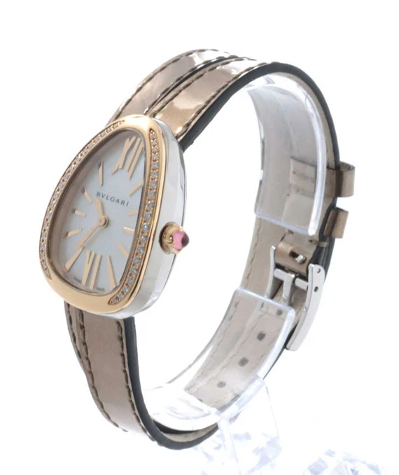 Bulgari Serpenti White Dial Ladies Watch with Diamond Encrusted 18k Yellow Gold Bezel