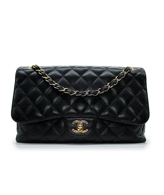 Chanel Black Double Flap Classic Jumbo Caviar Leather Handbag with Gold Hardware