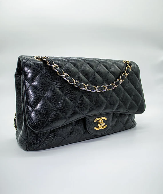 Chanel Black Double Flap Classic Jumbo Caviar Leather Handbag with Gold Hardware