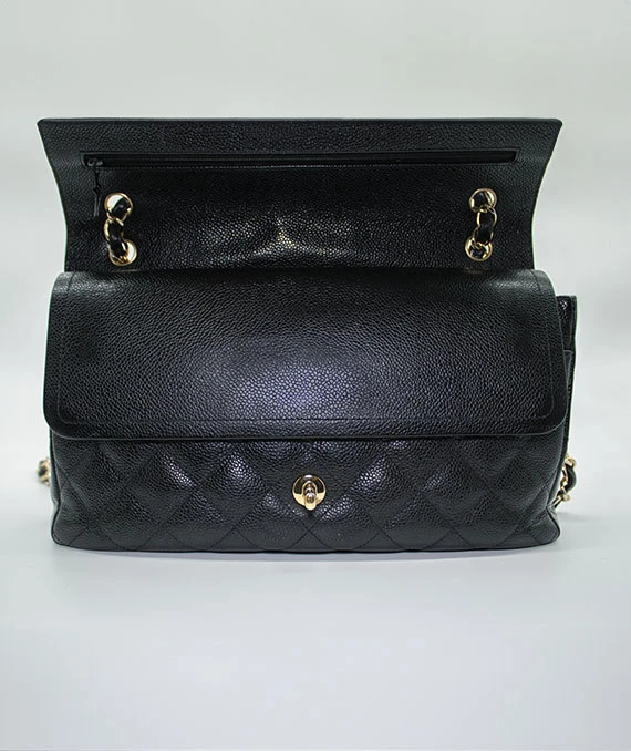 Chanel Black Double Flap Classic Jumbo Caviar Leather Handbag with Gold Hardware