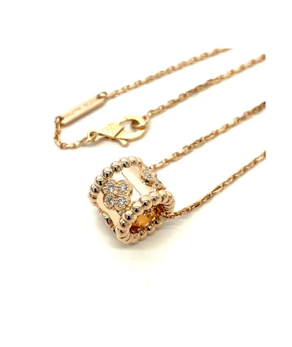 Van Cleef & Arpels K18 Rose Gold Perlée Clover Pendant Diamond Necklace