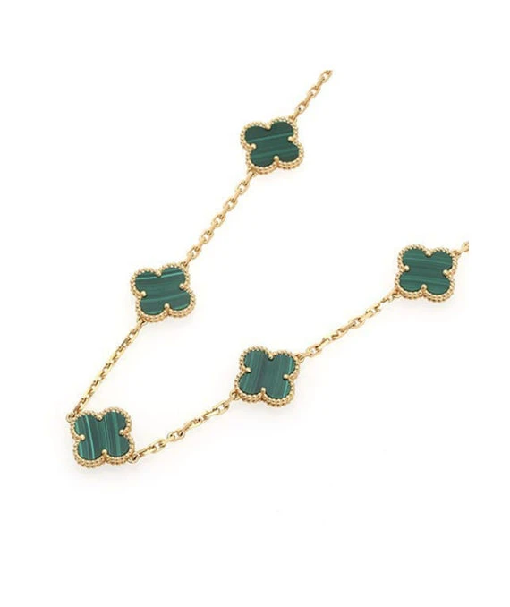 Van Cleef & Arpels Vintage Alhambra Malachite 20 Motif Long Necklace In 18k Yellow Gold