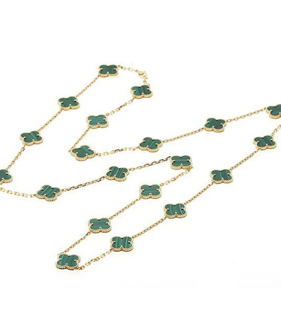 Van Cleef & Arpels Vintage Alhambra Malachite 20 Motif Long Necklace In 18k Yellow Gold