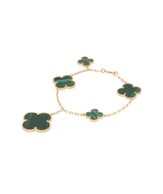 Van Cleef & Arpels Size 19 Magic Alhambra 5 Motifs Malachite Bracelet In 18k Yellow Gold