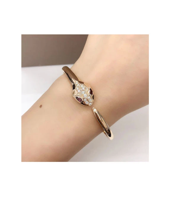 Bvlgari Size 17 Serpenti Snake Diamond and Tourmaline Bracelet In 18k Rose Gold