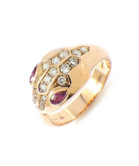 Bvlgari Size 14.5 Serpenti Snake Motif Ring with Pink Rubellite and Diamonds In 18k Rose Gold