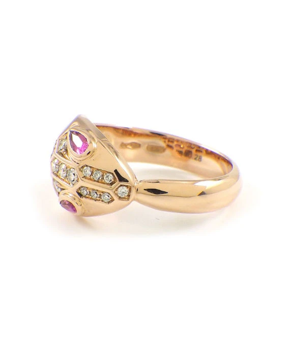 Bvlgari Size 14.5 Serpenti Snake Motif Ring with Pink Rubellite and Diamonds In 18k Rose Gold