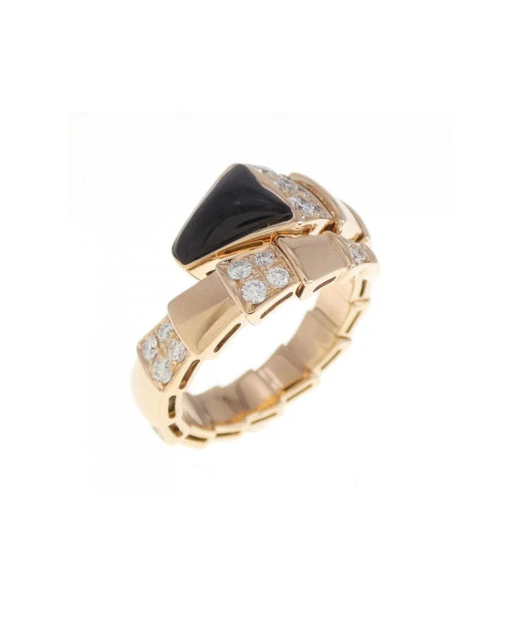 Bvlgari Size 14 Serpenti Onyx and Diamond Ring In Rose Gold