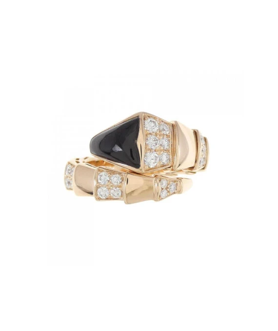 Bvlgari Size 14 Serpenti Onyx and Diamond Ring In Rose Gold