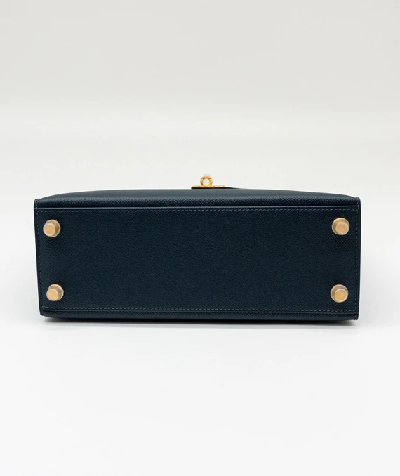 Hermes Kelly (Stamp B) Size 25 Blue Minuit Madame Leather Handbag with Gold Hardware