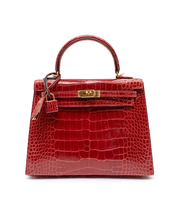 Hermes Size 25 Rouge Niloticus Crocodile Leather Kelly Handbag with Gold Hardware