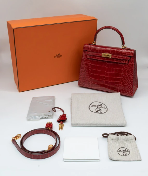 Hermes Size 25 Rouge Niloticus Crocodile Leather Kelly Handbag with Gold Hardware