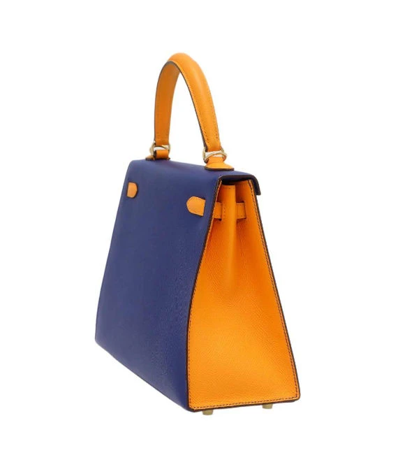 Hermes 2017 (Stamp A) Size 25 Epsom Leather Kelly in Blue Electric and Jaune Ambre Color with Gold Hardware