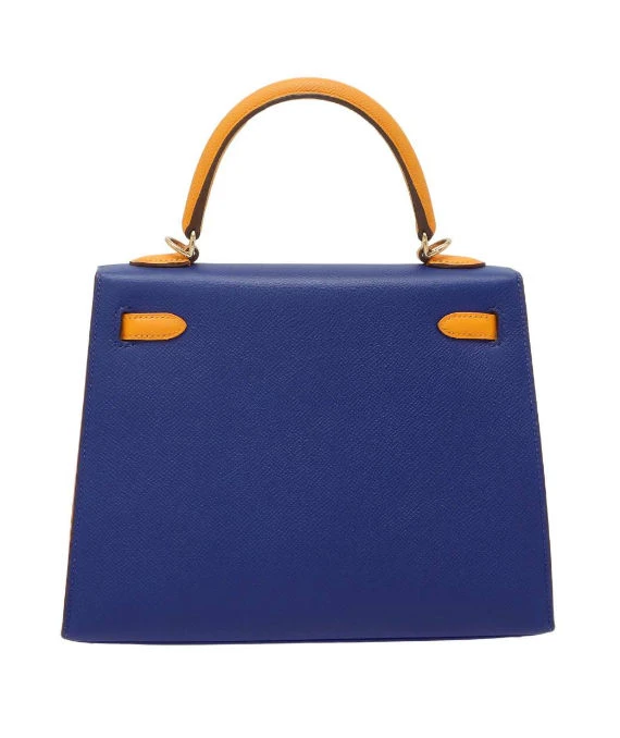 Hermes 2017 (Stamp A) Size 25 Epsom Leather Kelly in Blue Electric and Jaune Ambre Color with Gold Hardware