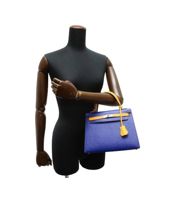 Hermes 2017 (Stamp A) Size 25 Epsom Leather Kelly in Blue Electric and Jaune Ambre Color with Gold Hardware