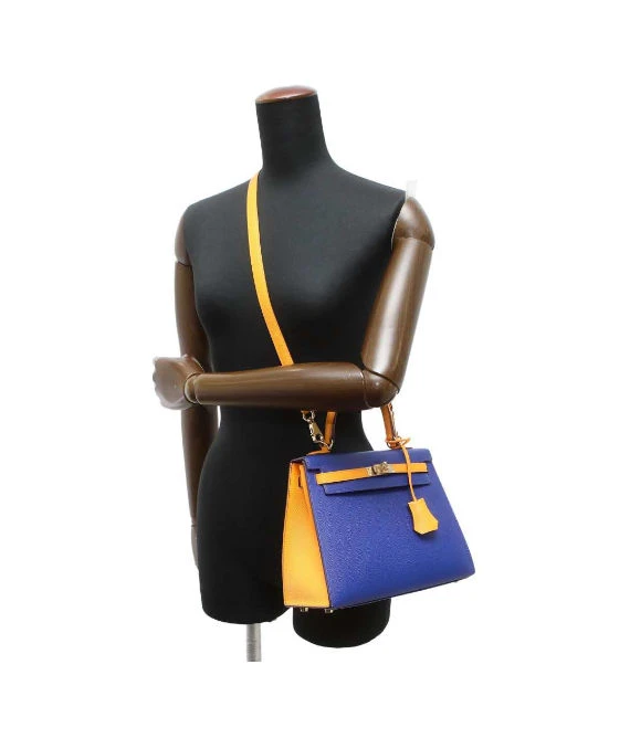 Hermes 2017 (Stamp A) Size 25 Epsom Leather Kelly in Blue Electric and Jaune Ambre Color with Gold Hardware
