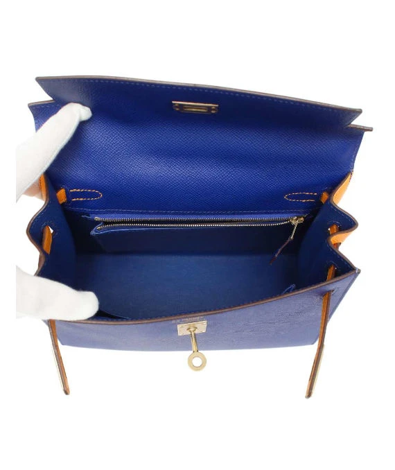 Hermes 2017 (Stamp A) Size 25 Epsom Leather Kelly in Blue Electric and Jaune Ambre Color with Gold Hardware