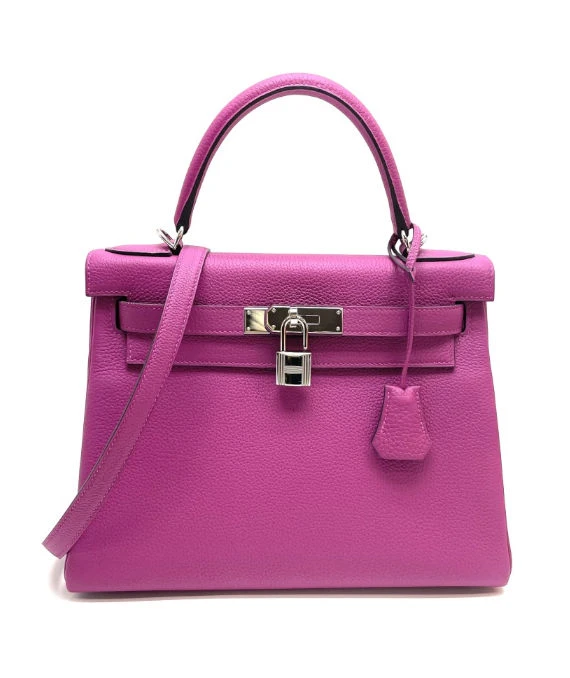 Hermes 2018 (Stamp C) Size 28 Rose Pourpre Pink Togo Leather Kelly Handbag with Palladium Hardware