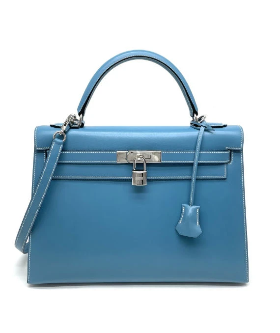 Hermes (Stamp F) Size 32 Calf leather Kelly in Blue Jean Color with Palladium Hardware