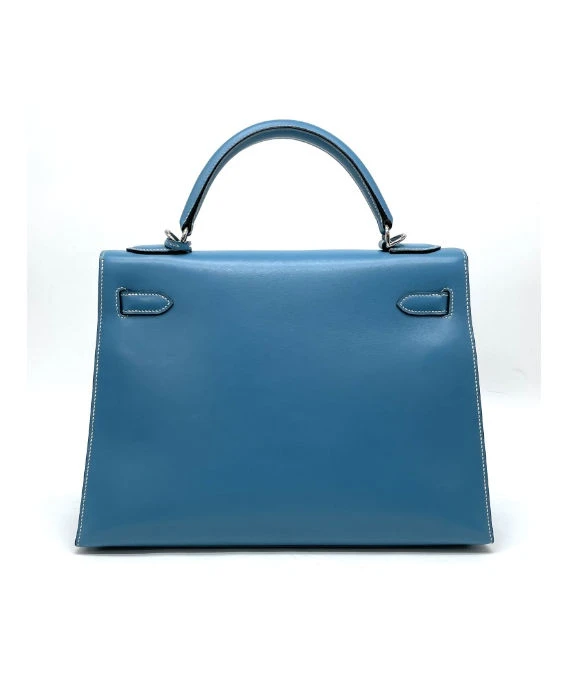 Hermes (Stamp F) Size 32 Calf leather Kelly in Blue Jean Color with Palladium Hardware