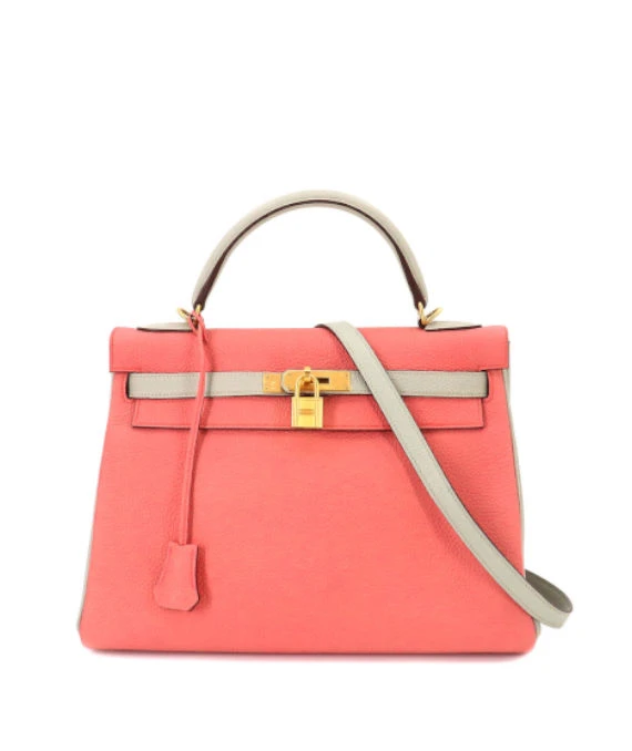 Hermes (Stamp T) Size 32 Tryon Clemence leather Kelly in Rose Azareth × Grease Pearl Color with Gold Hardware