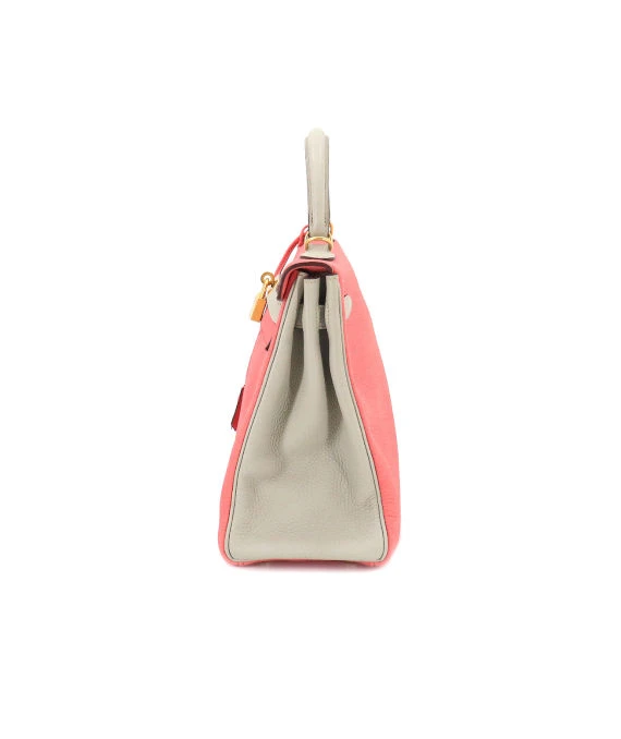 Hermes (Stamp T) Size 32 Tryon Clemence leather Kelly in Rose Azareth × Grease Pearl Color with Gold Hardware