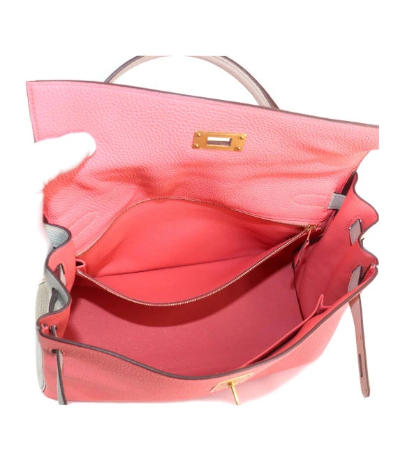 Hermes (Stamp T) Size 32 Tryon Clemence leather Kelly in Rose Azareth × Grease Pearl Color with Gold Hardware