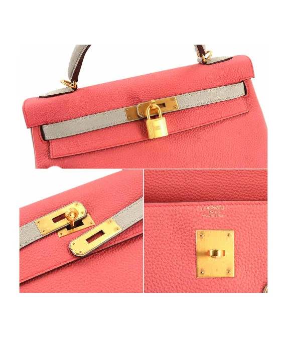 Hermes (Stamp T) Size 32 Tryon Clemence leather Kelly in Rose Azareth × Grease Pearl Color with Gold Hardware