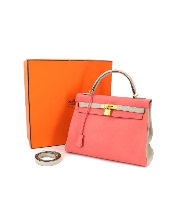 Hermes (Stamp T) Size 32 Tryon Clemence leather Kelly in Rose Azareth × Grease Pearl Color with Gold Hardware