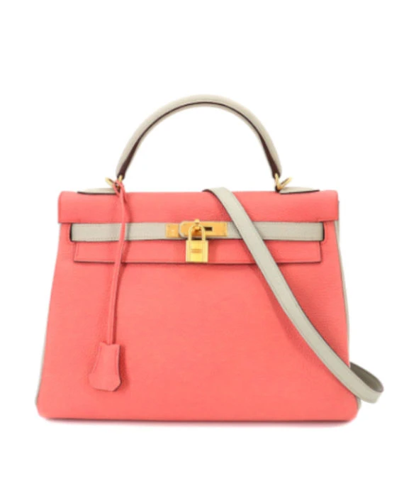Hermes (Stamp T) Size 32 Tryon Clemence leather Kelly in Rose Azareth × Grease Pearl Color with Gold Hardware
